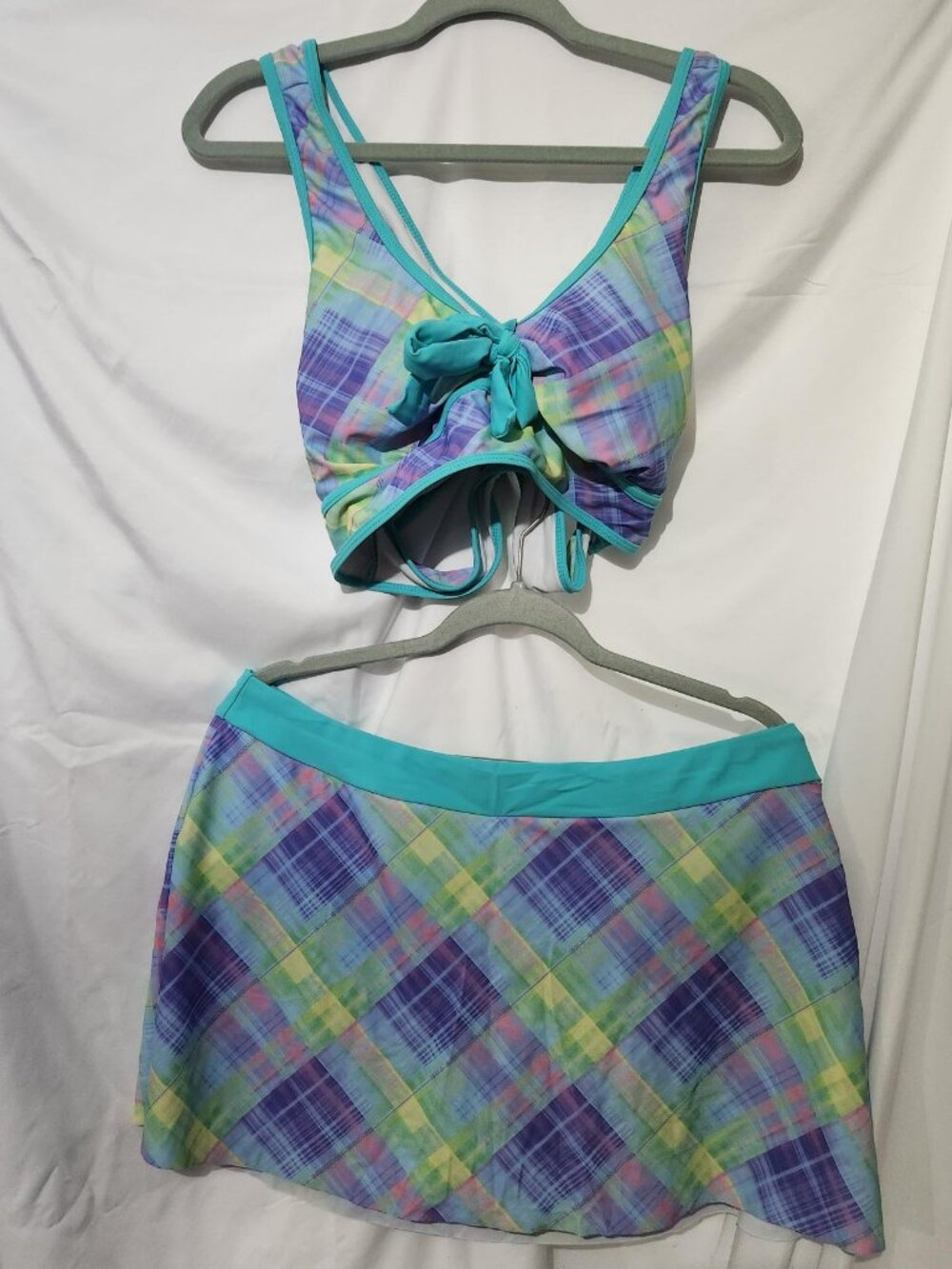 SHEIN Plaid Swim Skirt Bikini Set XL Crisscross Back Swimsuit